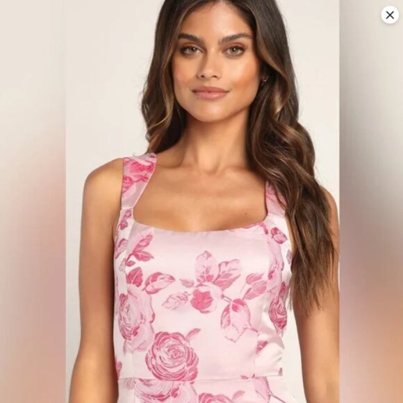 Lulus Brighter Side Pink Floral Satin Jacquard Mini Dress – Size Medium - Picture 3 of 14